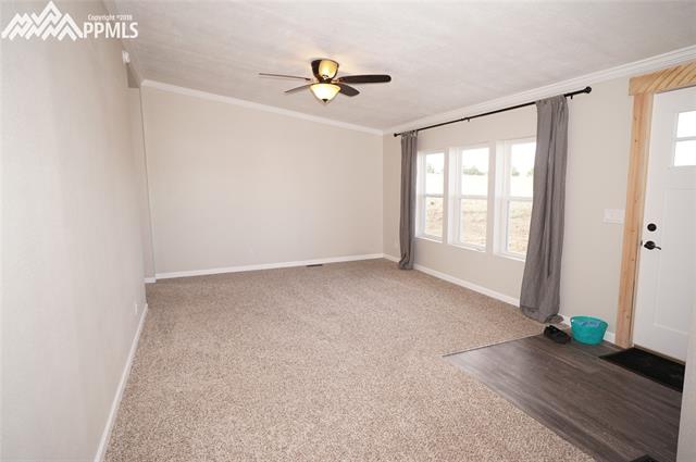 13745 Woodlake Road Elbert, CO 80106 - Photo 7 of 36 Entry and vaulted ceiling with new carpet in living room.