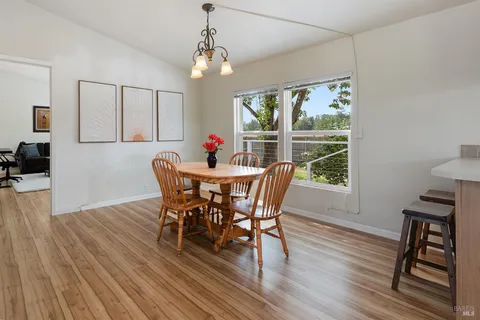 a view of a dining room with furniture window and wooden floor
