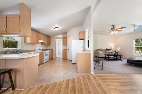 a living room with furniture and a kitchen