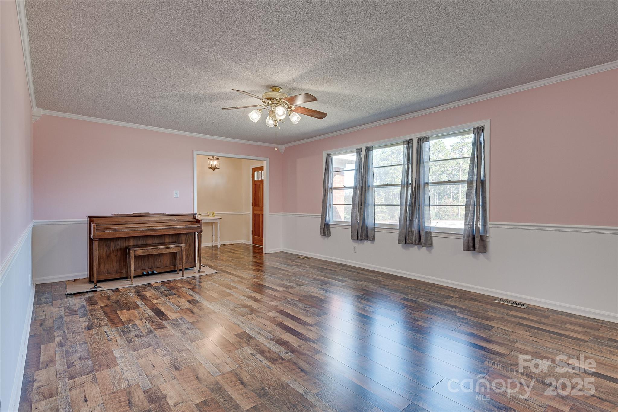 8684 Teals Mill Road Cheraw, SC 29520 - Photo 32 of 36 a view of a livingroom with wooden floor a ceiling fan and windows
