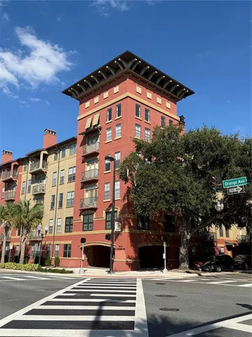 a view of a building with a street