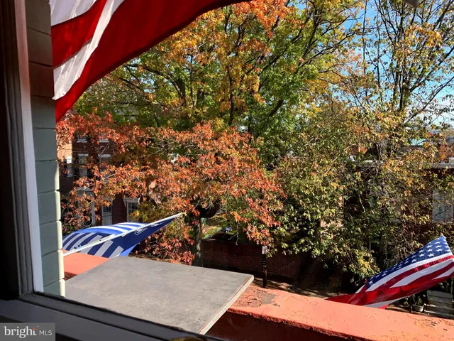 a view of a yard from a balcony