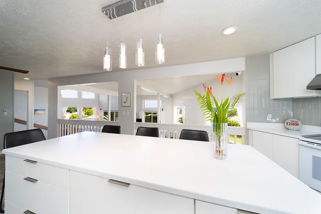 a view of living room with kitchen island furniture and a potted plant