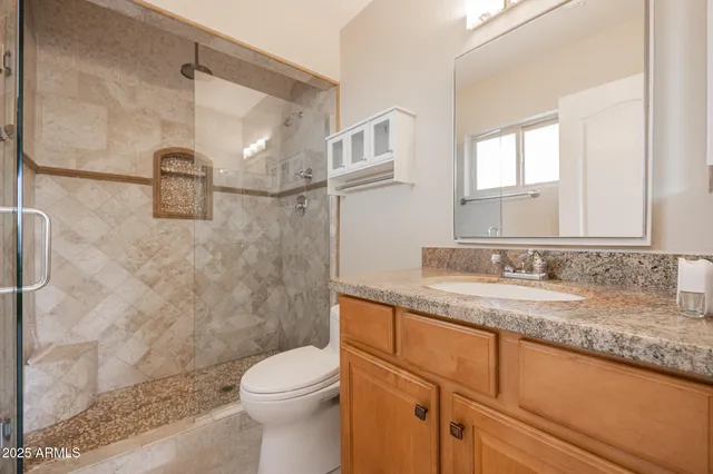 a bathroom with a granite countertop sink a toilet and a mirror