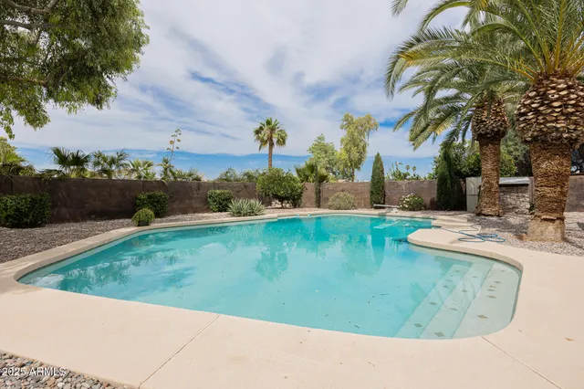 a view of a swimming pool with a garden