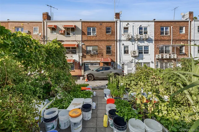 a view of a building with pots