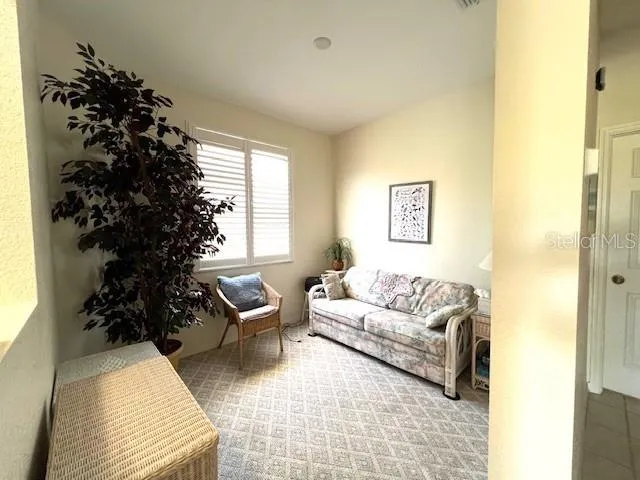 a living room with furniture plant and a window