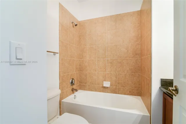 a bathroom with a bathtub and a toilet