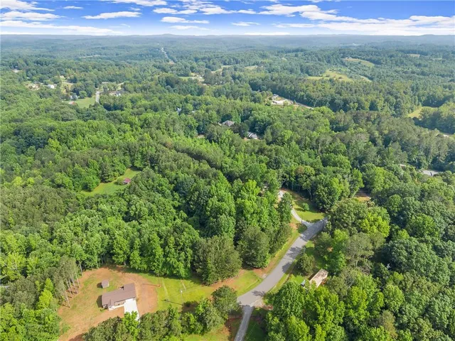 an aerial view of residential house with outdoor space and trees all around