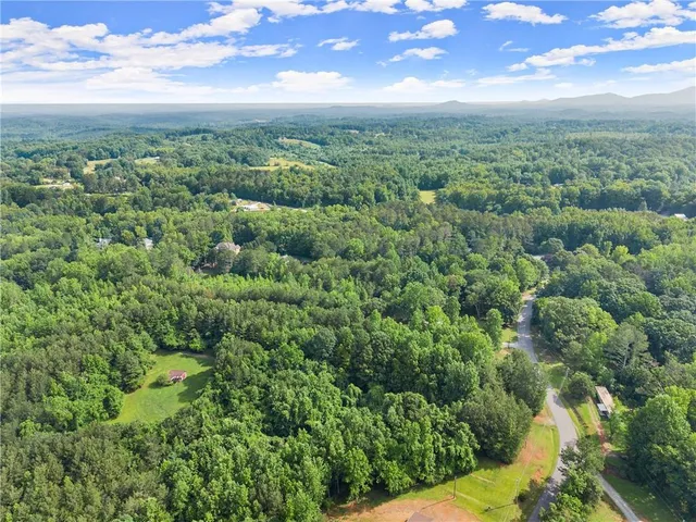 an aerial view of residential houses with outdoor space and trees