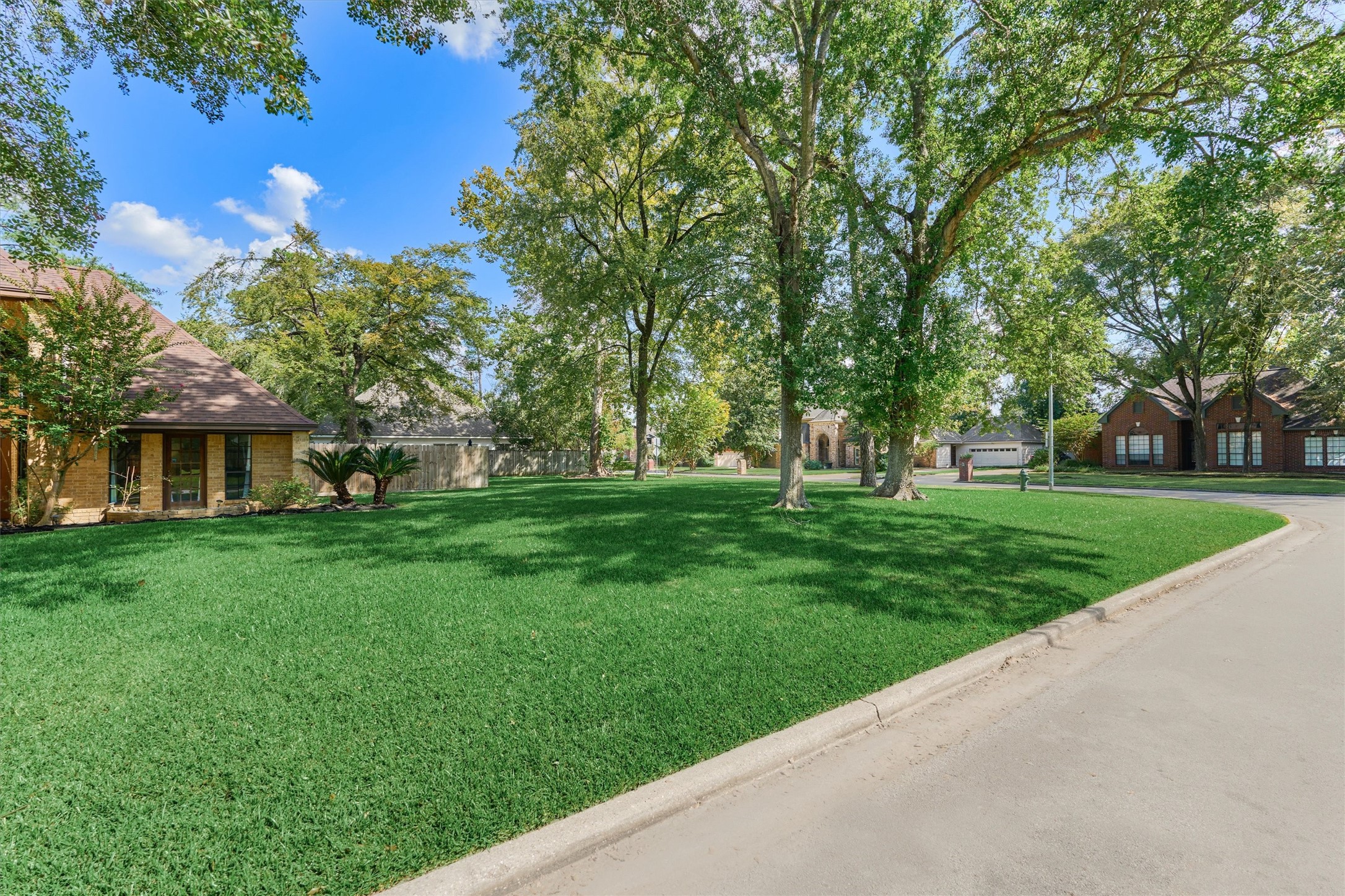 25706 Overlake Drive Spring, TX 77380 - Photo 28 of 32 This photo showcases a serene suburban neighborhood with well-maintained lawns and mature trees. The street is quiet, with charming brick homes and ample greenery, offering a peaceful and inviting atmosphere.