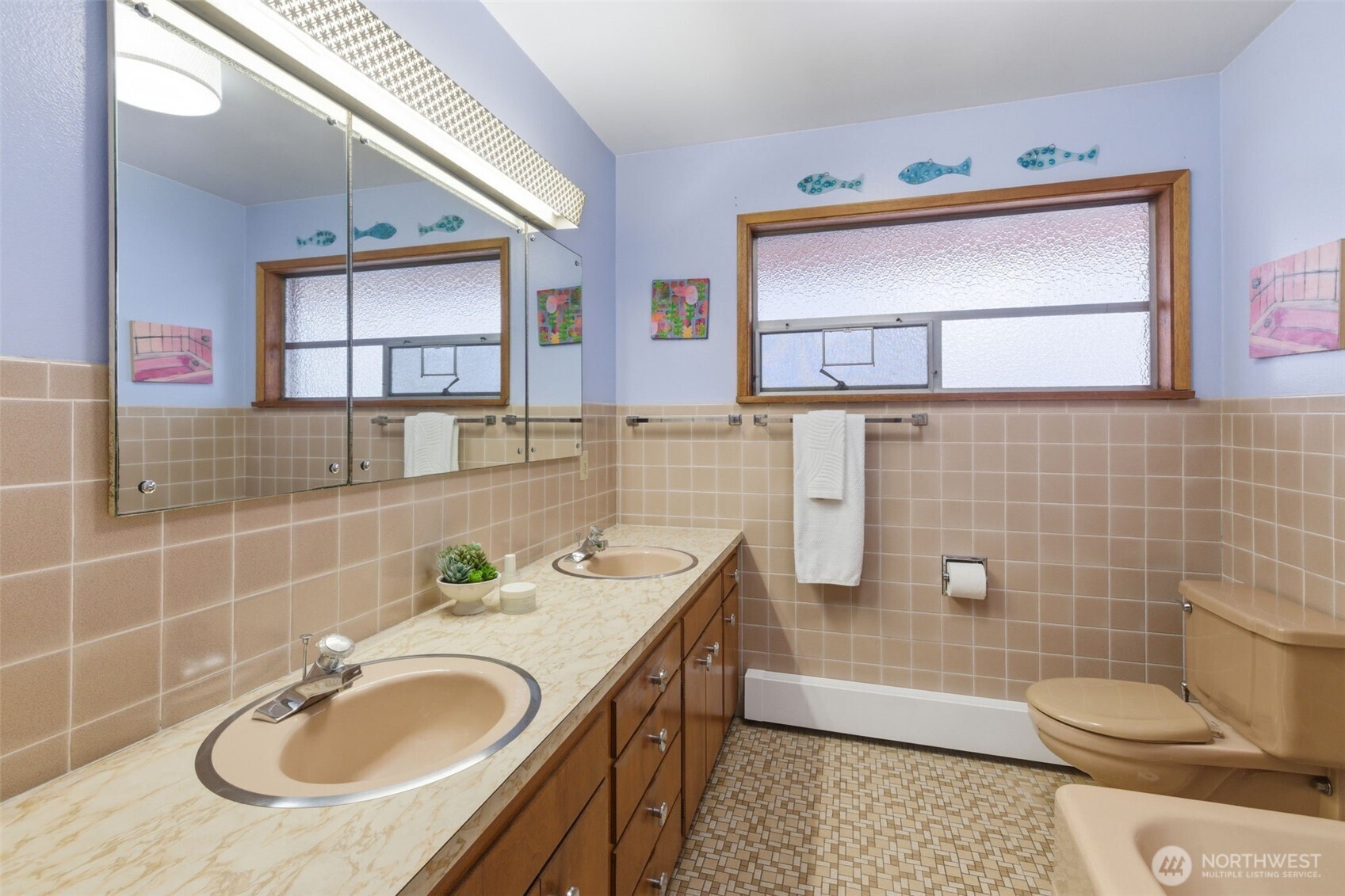 2803 South Walker Street Seattle, WA 98144 - Photo 32 of 40 a bathroom with a granite countertop sink a toilet a mirror and shower