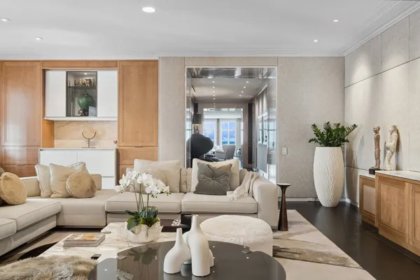 a living room with furniture and a potted plant