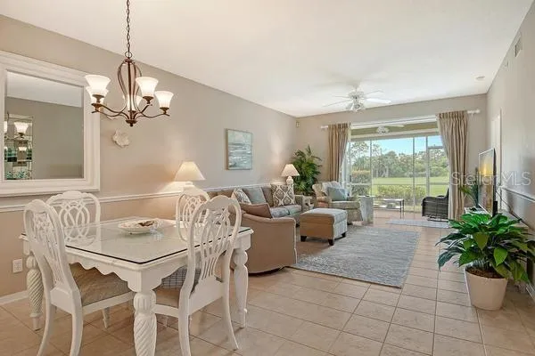 a view of a dining room with furniture window and outside view
