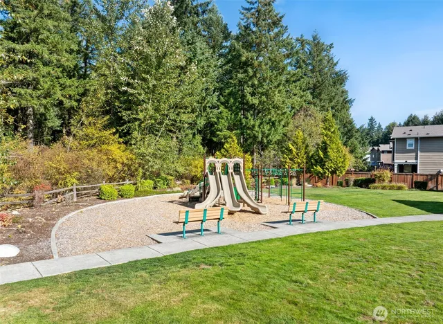 a view of a park with swings