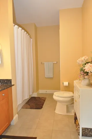 a bathroom with a sink a toilet and shower curtain