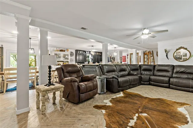 a living room with furniture a ceiling fan and a rug