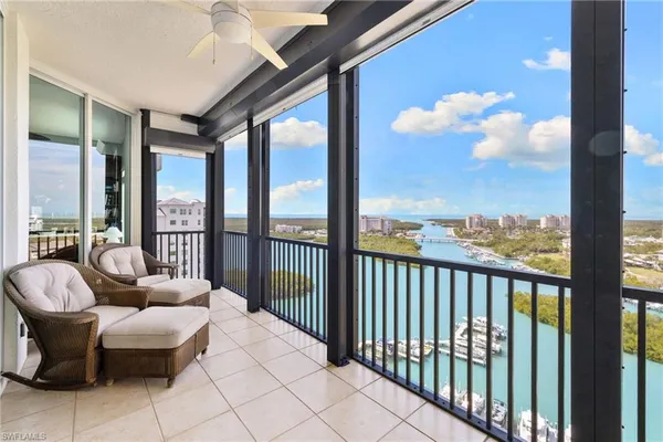 a balcony with furniture