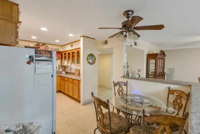 a view of a dining room with furniture