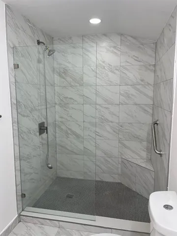 a bathroom with a shower and toilet