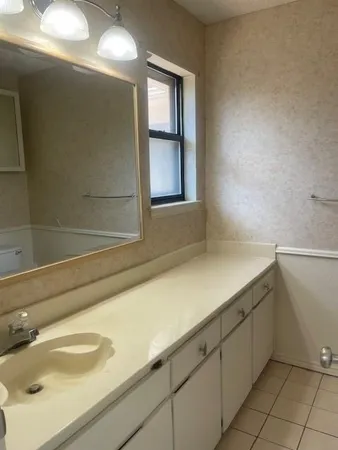a bathroom with a sink and a window