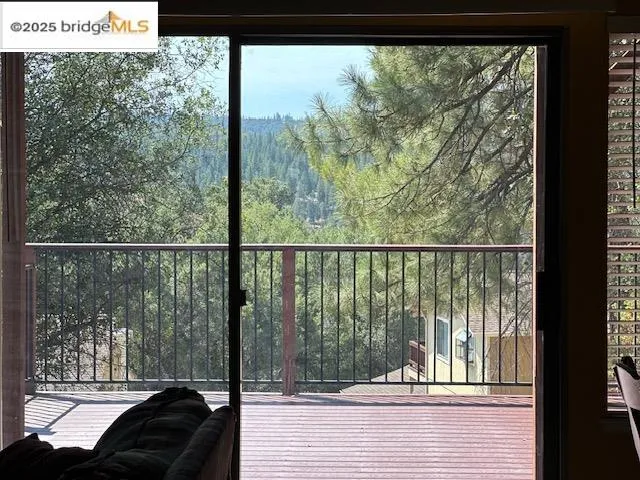 a view of a balcony from a window