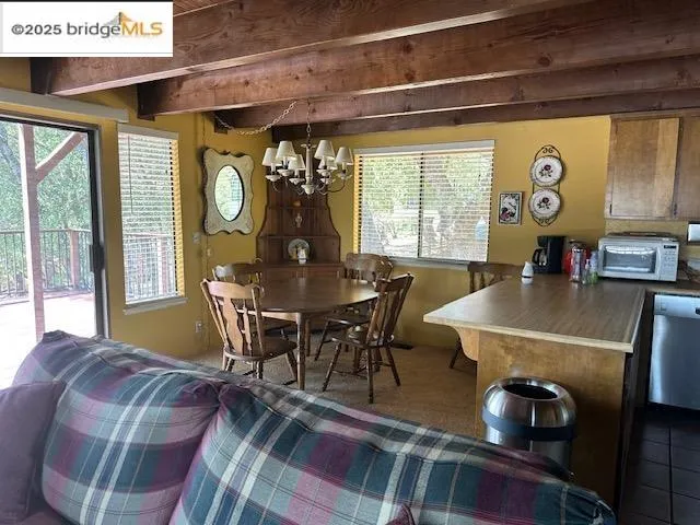 a view of a dining room with furniture and window