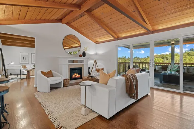 a living room with furniture a fireplace and a ceiling fan