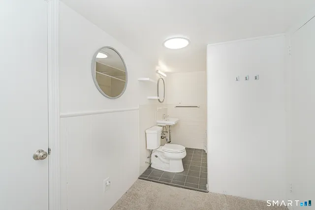 a bathroom with a toilet and a mirror
