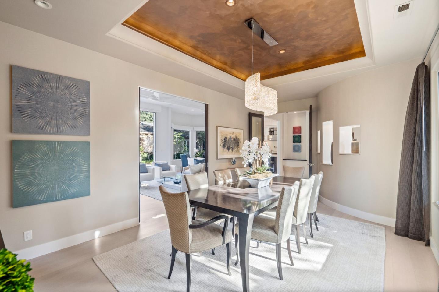 2 Lane Place Atherton, CA 94027 - Photo 14 of 35 a view of a dining room with furniture and chandelier