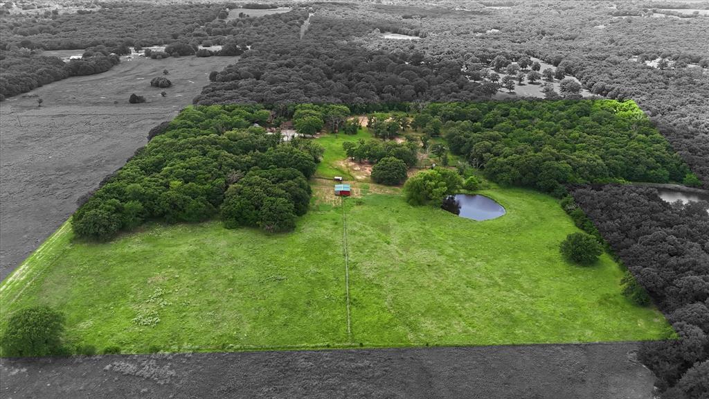237 Brenda Lane Gainesville, TX 76240 - Photo 34 of 40 Expansive acreage featuring a substantial tree line, a large grassy field, a small red outbuilding, and a tranquil pond