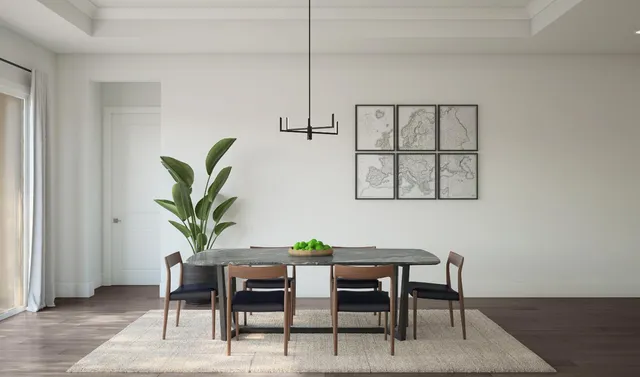 a view of a dining room with furniture