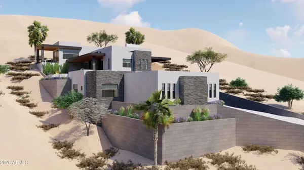a view of a house with a yard and potted plants