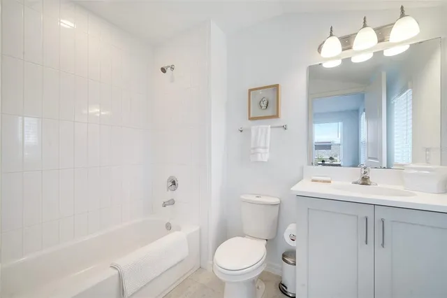 a bathroom with a toilet a sink a mirror a bathtub and vanity