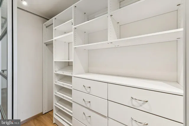 a view of walk in closet with empty racks