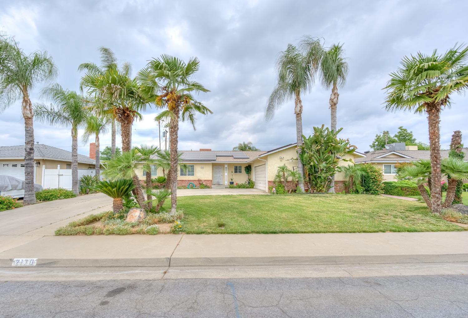 a palm tree sitting in front of a house with a yard