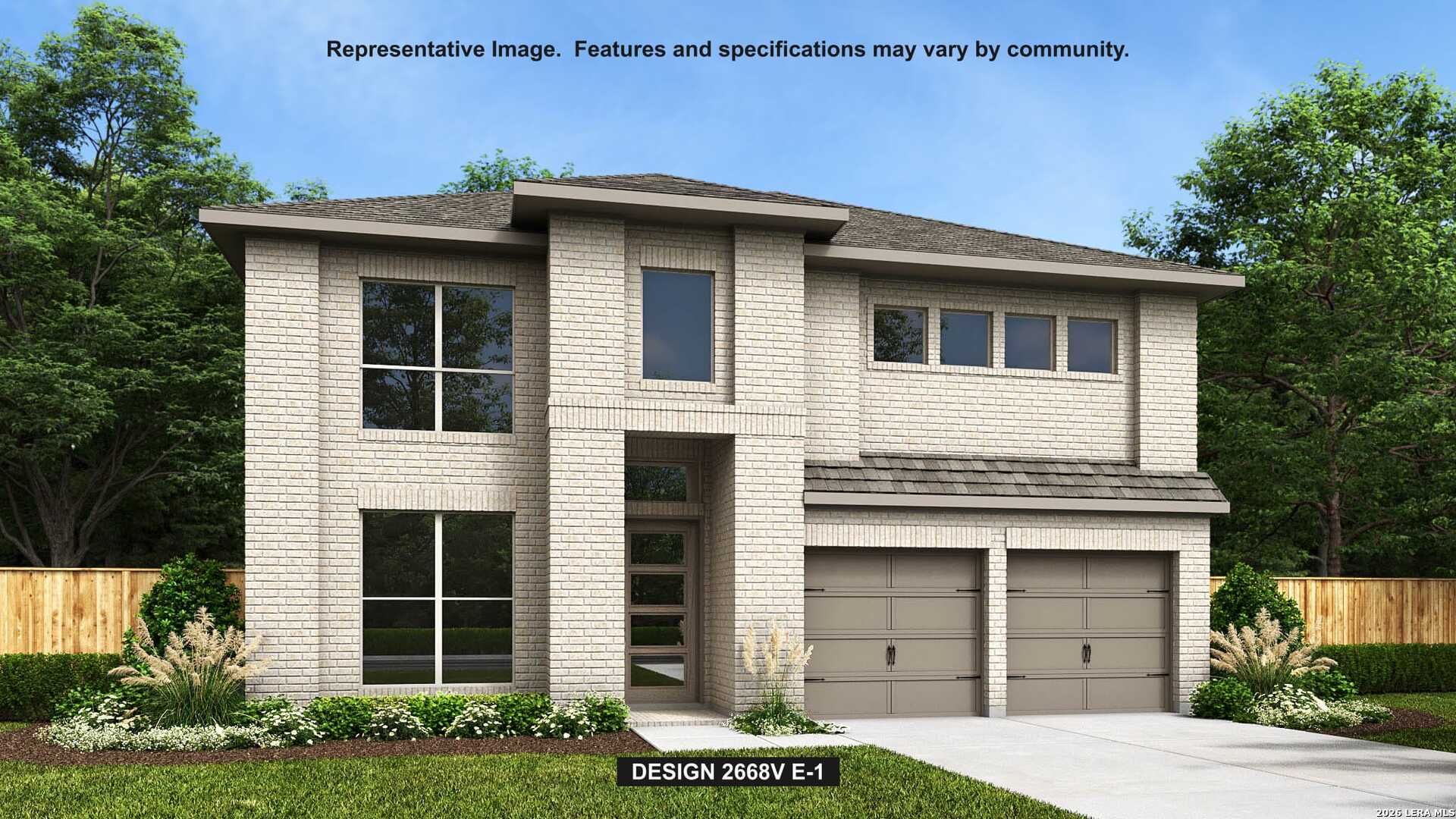 a front view of a house with a garden and garage