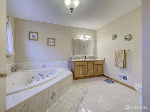 a bathroom with a tub a sink and a mirror