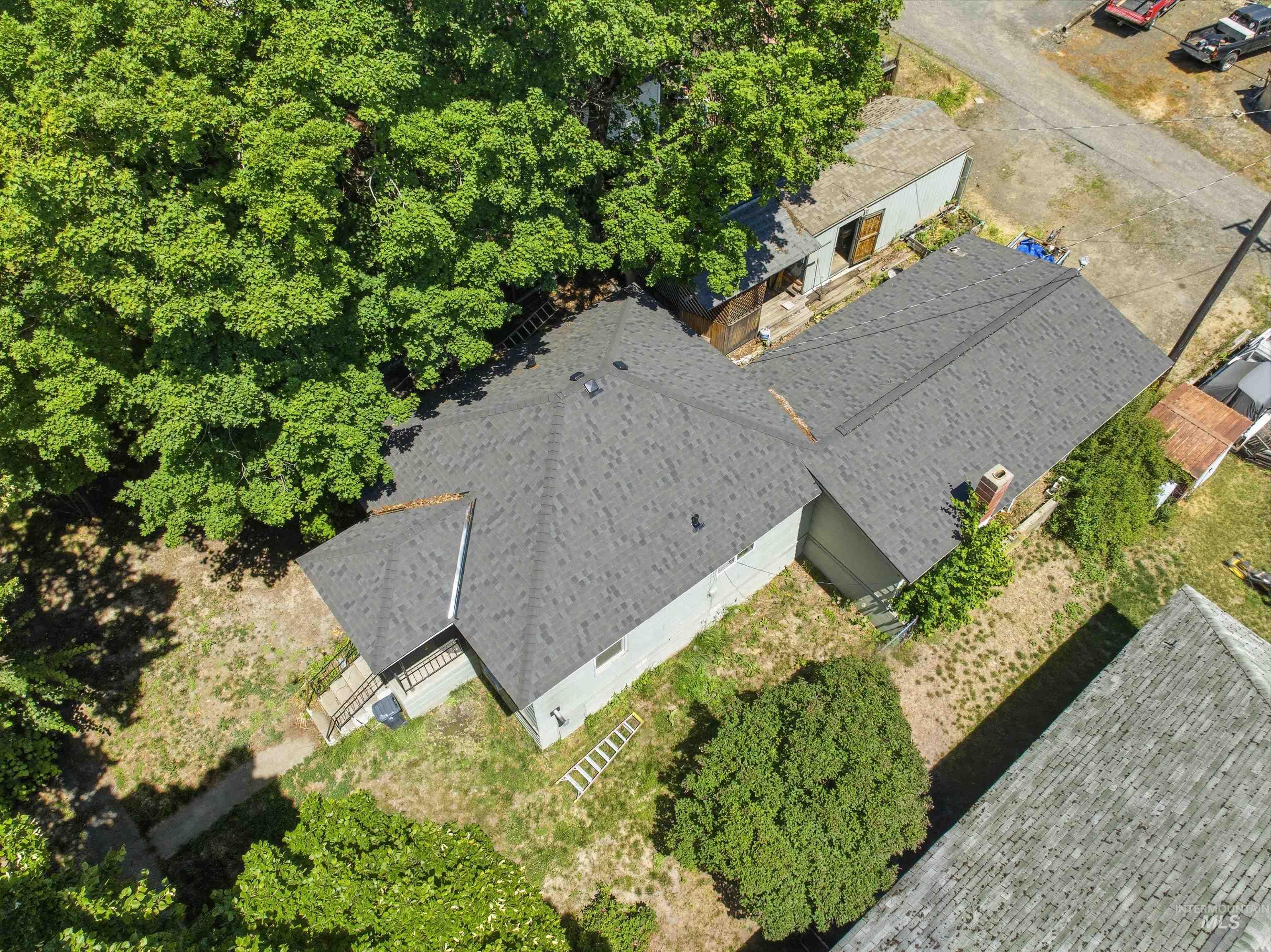 735 Oak Street Potlatch, ID 83855 - Photo 22 of 30 Property featuring a dark gray asphalt shingle roof, light-colored siding, and extensive mature trees