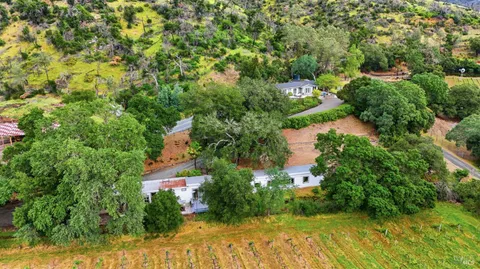 an aerial view of residential houses with outdoor space and trees
