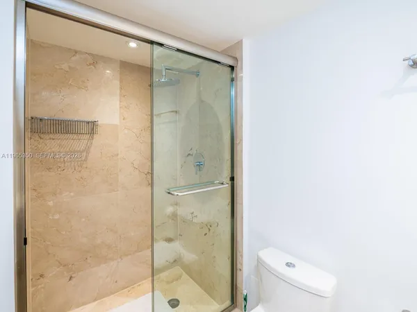 a bathroom with a shower and toilet