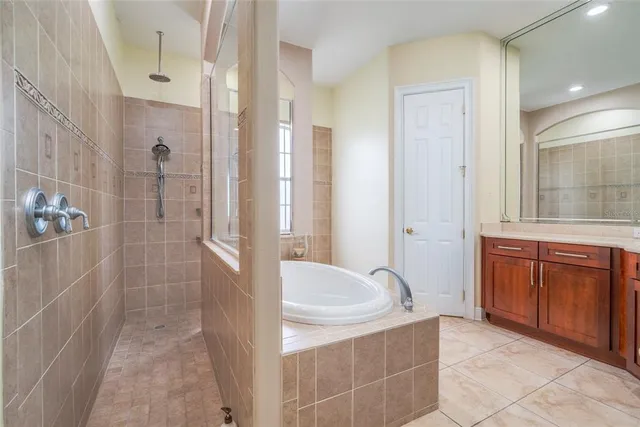 a bathroom with a tub shower sink and mirror