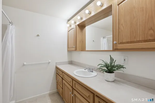 a bathroom with a sink a vanity and a mirror