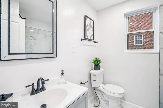 a bathroom with a sink mirror and toilet