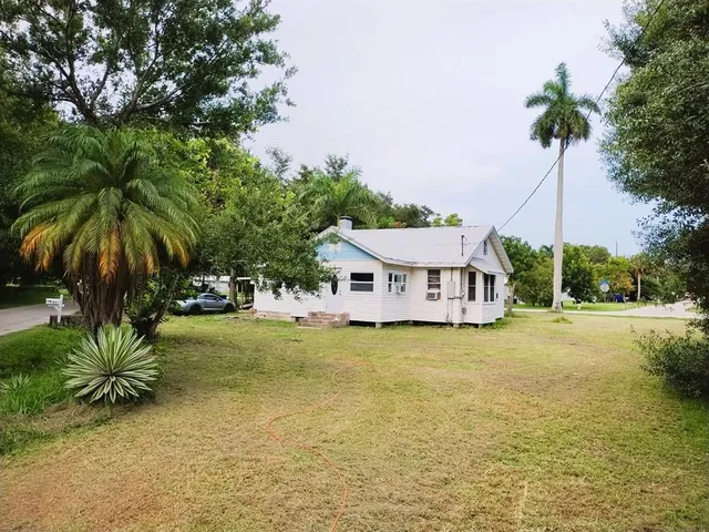 a palm tree sitting in front of a house with a big yard