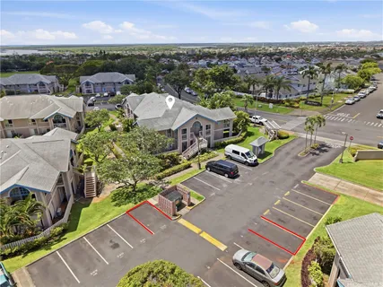 an aerial view of a house with a garden
