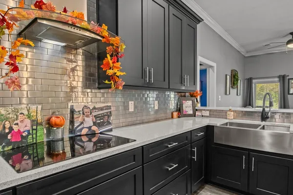 a kitchen with stainless steel appliances a sink dishwasher and cabinets with wooden floor