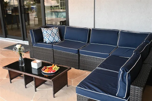 a couch sitting in a middle of a building