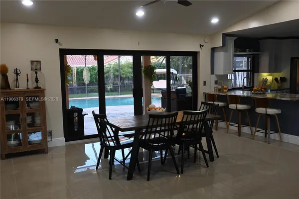 a view of a dining room with furniture window and outside view