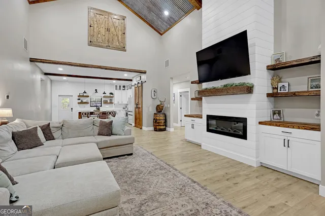 a view of a dining room with furniture